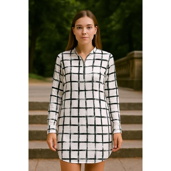 Halogen Half Zip Tunic Top Black White Brushed Checker Print Small Artsy Minimal - Picture 1 of 8